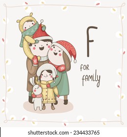 Cute vector Alphabet Christmas. Letter F - Family  
