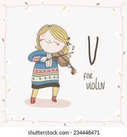 Cute vector Alphabet Christmas. Letter V - Violin