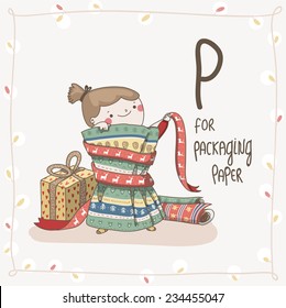 Cute vector Alphabet Christmas. Letter P - Packaging Paper