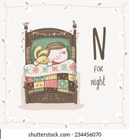 Cute vector Alfabeto Navidad. Carta N - Noche 