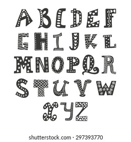 Cute vector alphabet isolated on white background. Hand drawn letters. Vector illustration