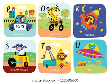 Cute vector alphabet with little animals and transport in cartoon style. P, Q, R, S, T, U. Part 4.