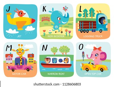 Cute vector alphabet with little animals and transport in cartoon style. J, K, L, M, N, O. Part 3.