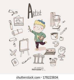 Cute vector alphabet Profession. Letter A - Artist 