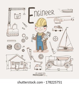 Cute vector alphabet Profession. Letter E - Engineer 