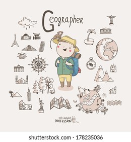 Cute vector alphabet Profession. Letter G - Geographer 