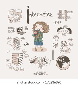 Cute vector alphabet Profession. Letter I - Interpreter 