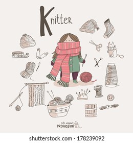 Cute vector alphabet Profession. Letter K - Knitter 