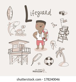 Cute Vector Alphabet Profession. Letter L - Lifeguard 