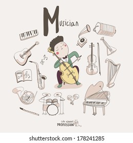 Cute vector alphabet Profession. Letter M - Musician 