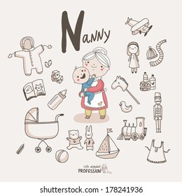 Cute Vector Alphabet Profession. Letter N - Nanny 