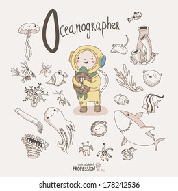 Cute Vector Alphabet Profession. Letter O - Oceanographer 