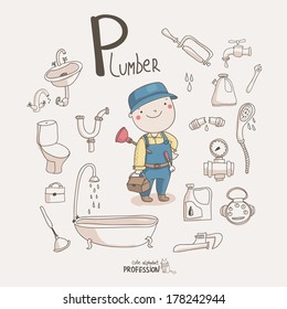 Cute Vector Alphabet Profession. Letter P - Plumber 