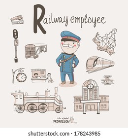 Cute vector alphabet Profession. Letter R - Railway Employee