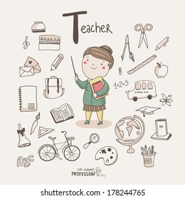 Cute Vector Alphabet Profession. Letter T - Teacher 