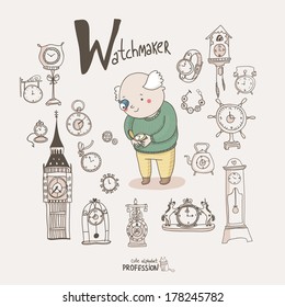 Cute Vector Alphabet Profession. Letter W - Watchmaker 