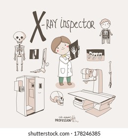 Cute vector alphabet Profession. Letter X - X-Ray Inspector 