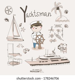 Cute Vector Alphabet Profession. Letter Y - Yachtsman 