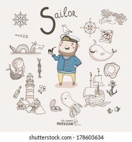 Cute Vector Alphabet Profession. Letter S - Sailor