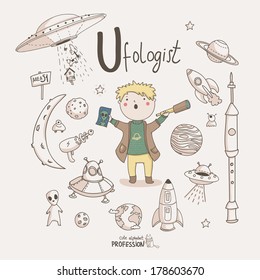 Cute Vector Alphabet Profession. Letter U - Ufologist