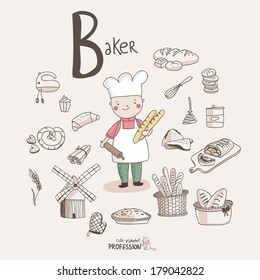 Cute Vector Alphabet Profession. Letter B - Baker