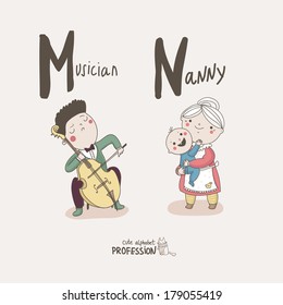 Cute vector alphabet Profession. Letter M - Musician. Letter N - Nanny. 