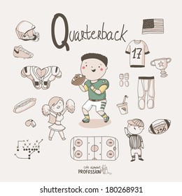 Cute vector alphabet Profession. Letter Q - Quarterback