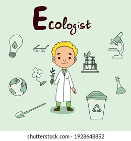 Cute vector alphabet Profession. Letter E - Ecologist