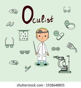 Cute vector alphabet Profession. Letter O - Oculist