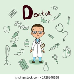 Cute vector alphabet Profession. Letter D - Doctor	