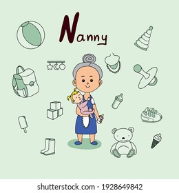 Cute vector alphabet Profession. Letter N - Nanny