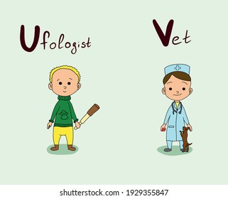 Cute vector alphabet Profession. Letter U - Ufologist. Letter V - Vet