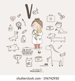 Cute Vector Alphabet Profession. Letter V - Vet