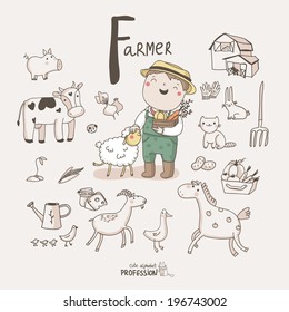 Cute Vector Alphabet Profession. Letter F - Farmer