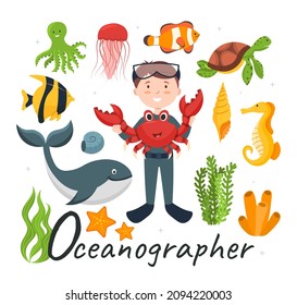 Cute Vektoralphabet Profession. Buchstabe O - Ozeanographin. Vektorgrafik
