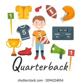 Cute Vector Alphabet Profession. Letter Q - Quarterback. Vector Illustration