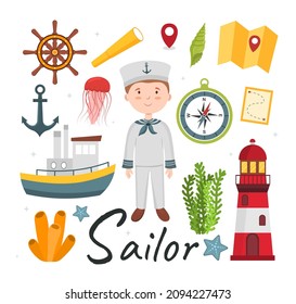 Cute vector alphabet Profession. Letter S - Sailor. Vector illustration