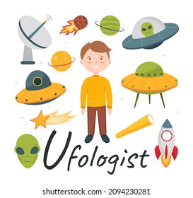 Cute vector alphabet Profession. Letter U - Ufologist. Vector illustration