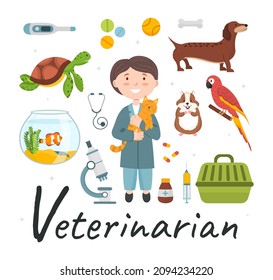 Cute vector alphabet Profession. Letter V - Vet. Vector illustration