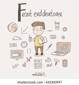 Cute vector alphabet Profession. Letter F - Front end developer. 