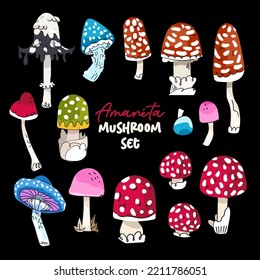 Cute vector amanita fungi mushroom set. Colorful collection of doodle illustration isolated on black background. Autumn harvest flat illustration