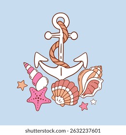 Cute vector anchor with seashell and seastar. Hand drawn marine life artwork. Perfect for sticker, tee shirt logo, greeting card, poster or nursery print design. EPS 10 vector file.