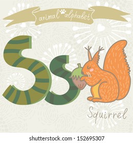 Cute vector Animal Alphabet. Letter "S" - Squirrel. Made with love.