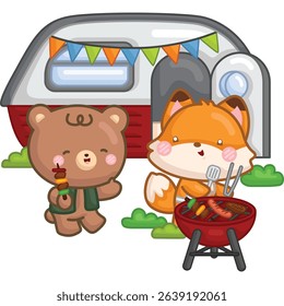 A cute vector of animal camping cooking