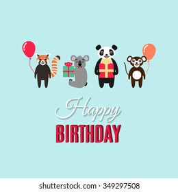 Cute vector animal characters. Kids illustration. Birthday greeting card. Red panda, koala, great panda, monkey. Happy animals with gifts and balloons. Vector 10EPS file. 