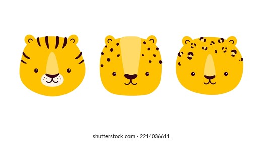 Cute vector animal characters. The muzzle of a tiger, leopard and cheetah. Isolated on white background