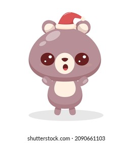 Cute vector animal for Christmas cards. Little bear with hat