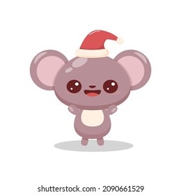 Cute vector animal for Christmas cards. Little mouse with hat