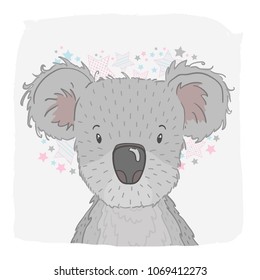 Cute vector animal koala, face. For print on the T-shirt, phone case, for the children's room, for greeting cards. Painting illustration.