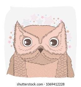 Cute vector animal owl face. For print on the T-shirt, phone case, for the children's room, for greeting cards. Painting illustration.